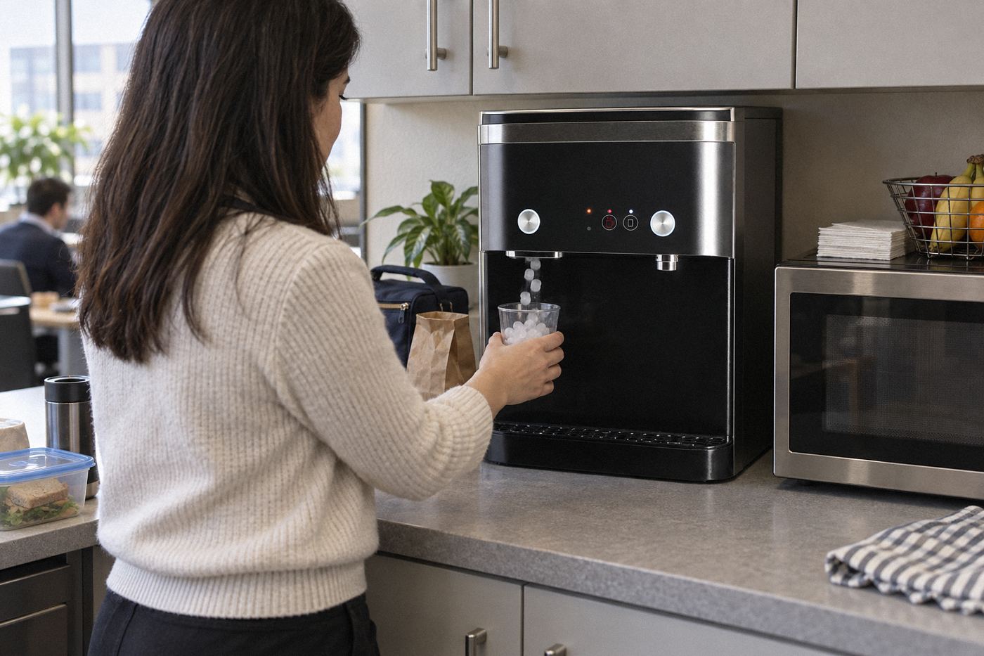 Oaks i15 countertop chewable ice and water dispenser on an office lunchroom counter