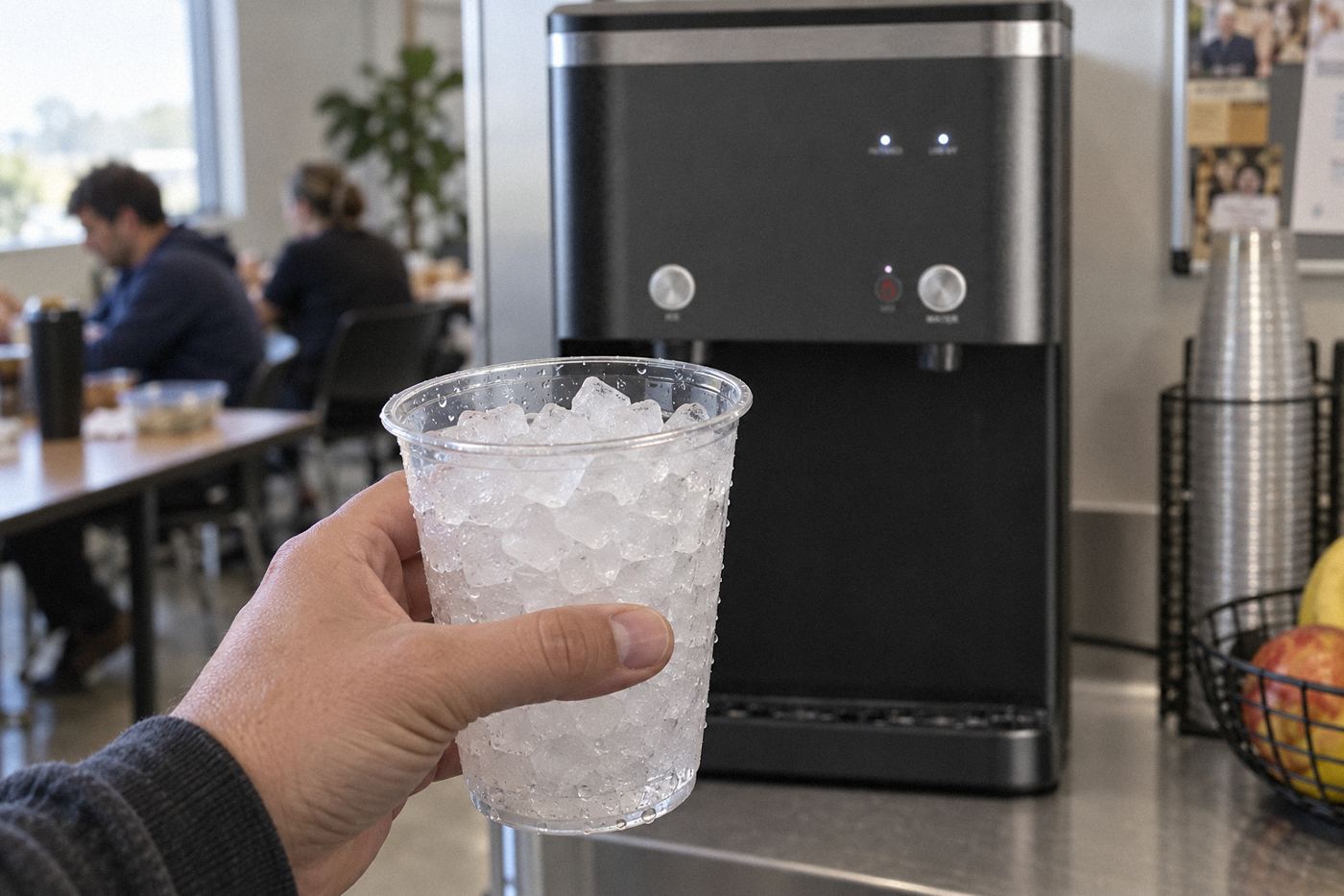 Cup of chewable nugget ice dispensed from an Oaks i16 ice machine