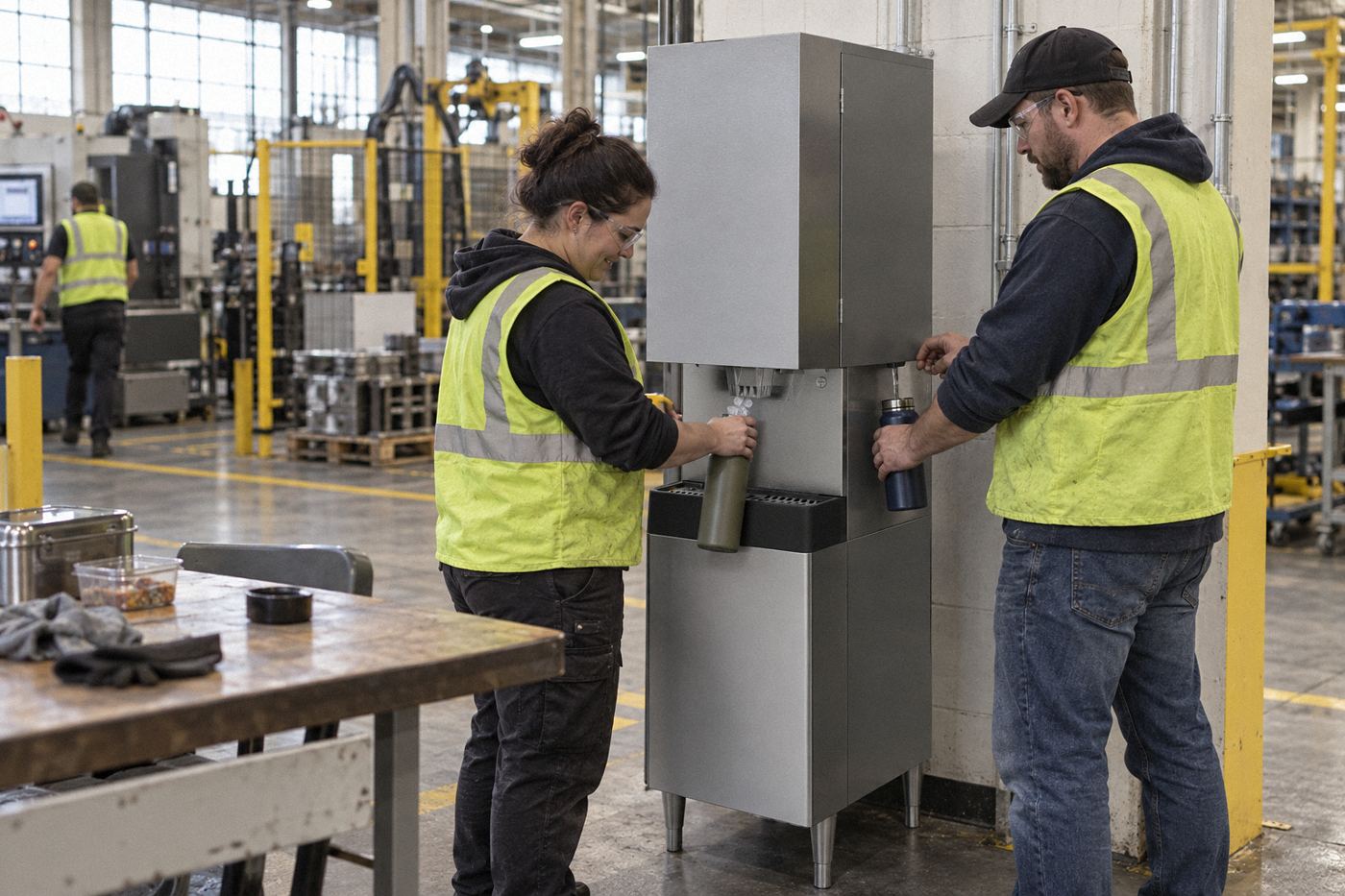 Oaks i30 commercial water and ice dispenser on a manufacturing plant floor with workers