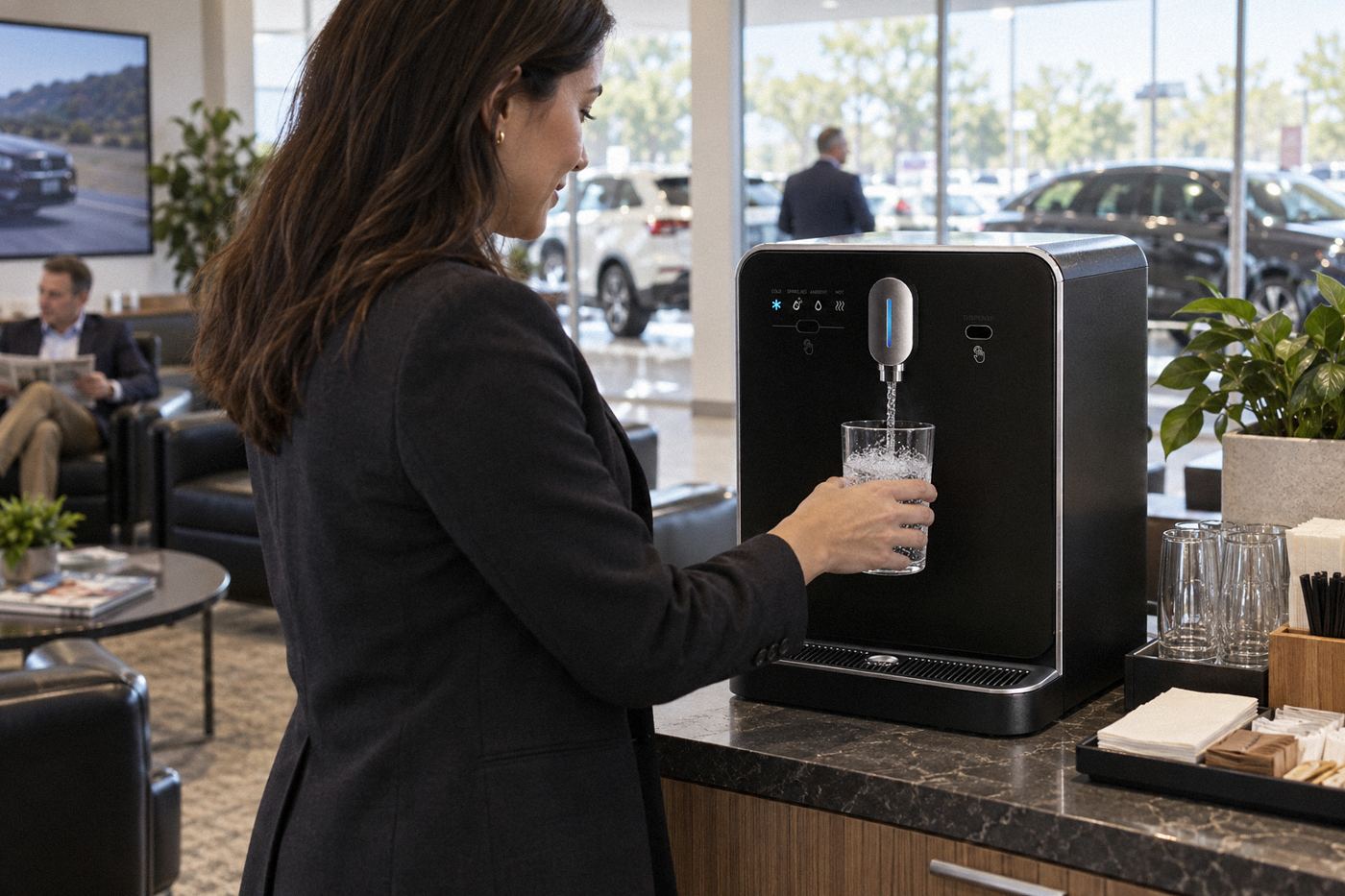 Oaks S4 sparkling and still water dispenser in a car dealership customer lounge
