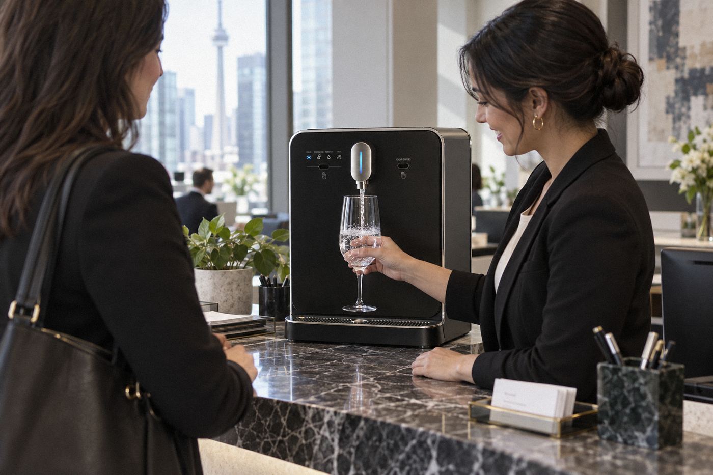 S4 sparkling water dispenser on an office reception counter