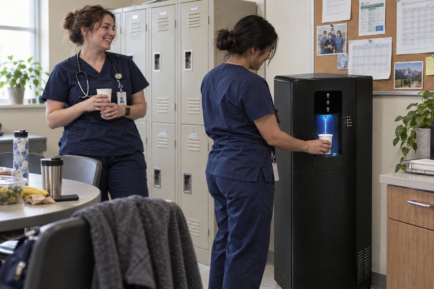 WL3 bottleless water cooler in a hospital staff lounge with nurses