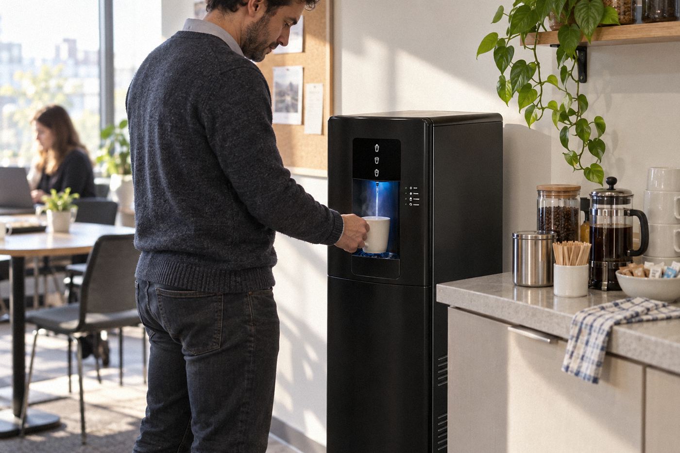 Oaks WL3 bottleless hot and cold water cooler in an office kitchenette
