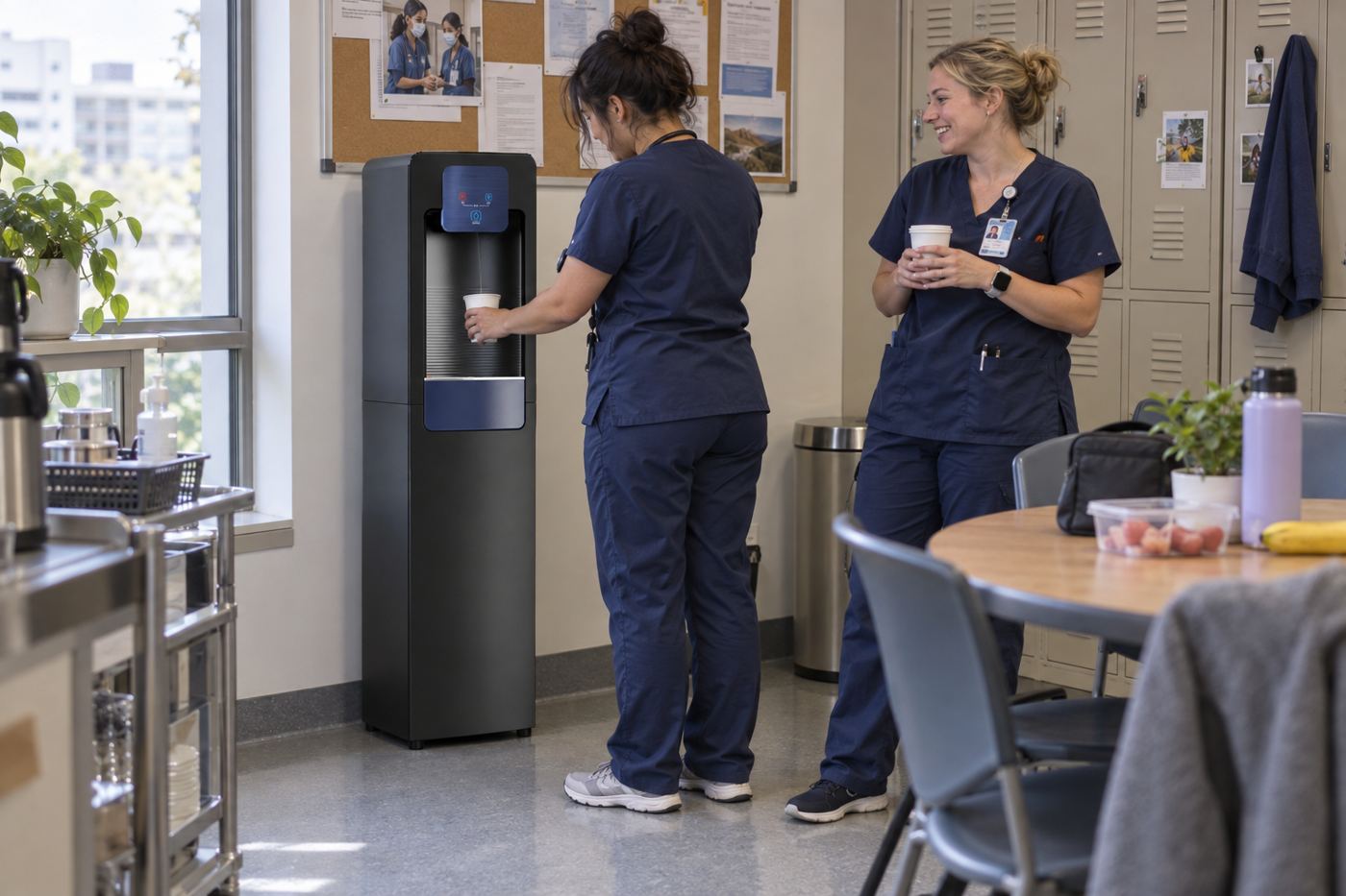 WL30 RO bottleless water cooler in a hospital staff lounge with nurses