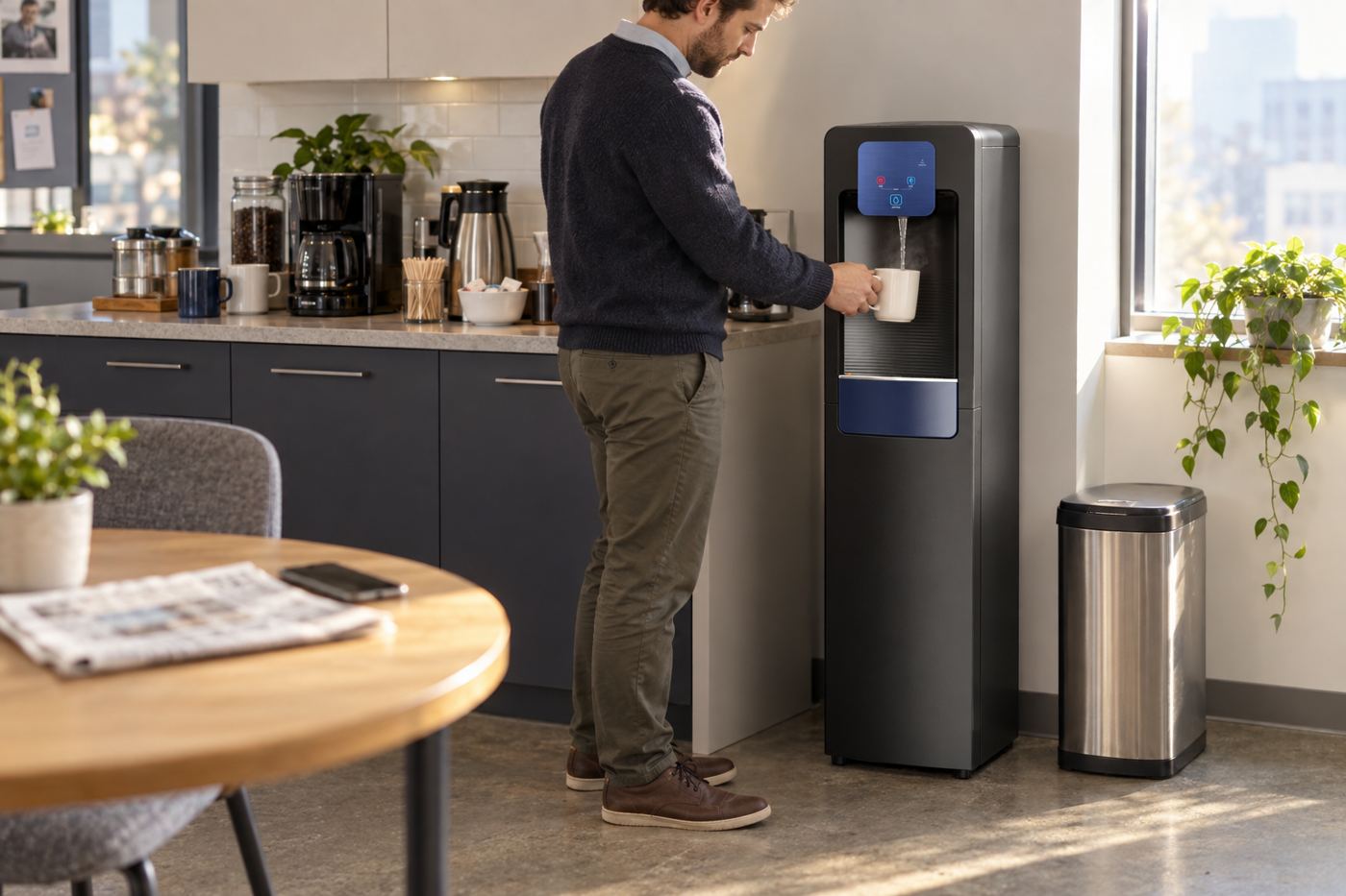 Oaks WL30 RO bottleless hot and cold water cooler in an office kitchenette