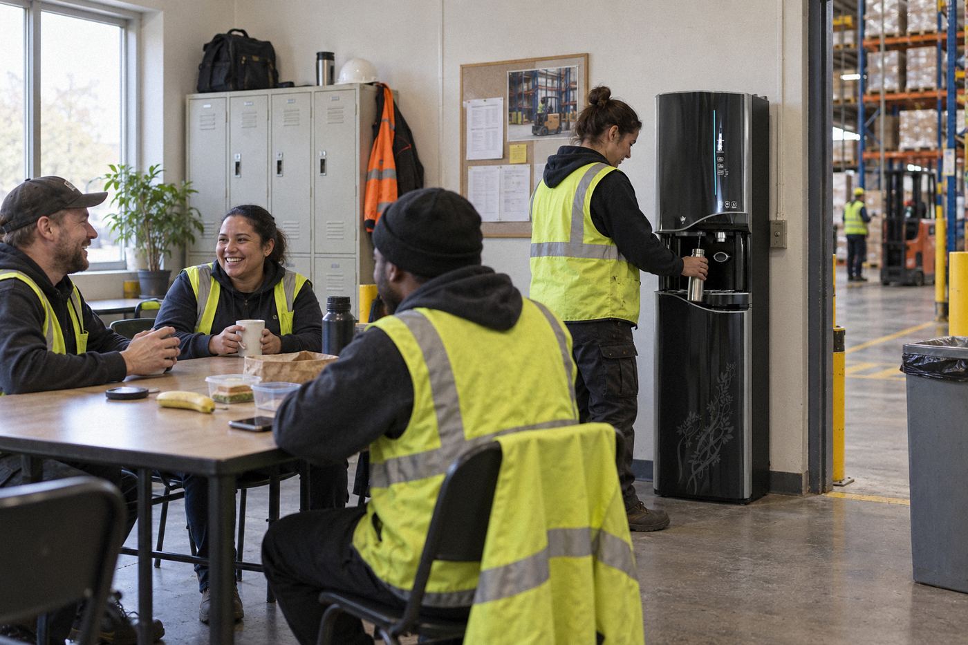 WL900 water and ice dispenser in a distribution centre lunchroom with warehouse staff