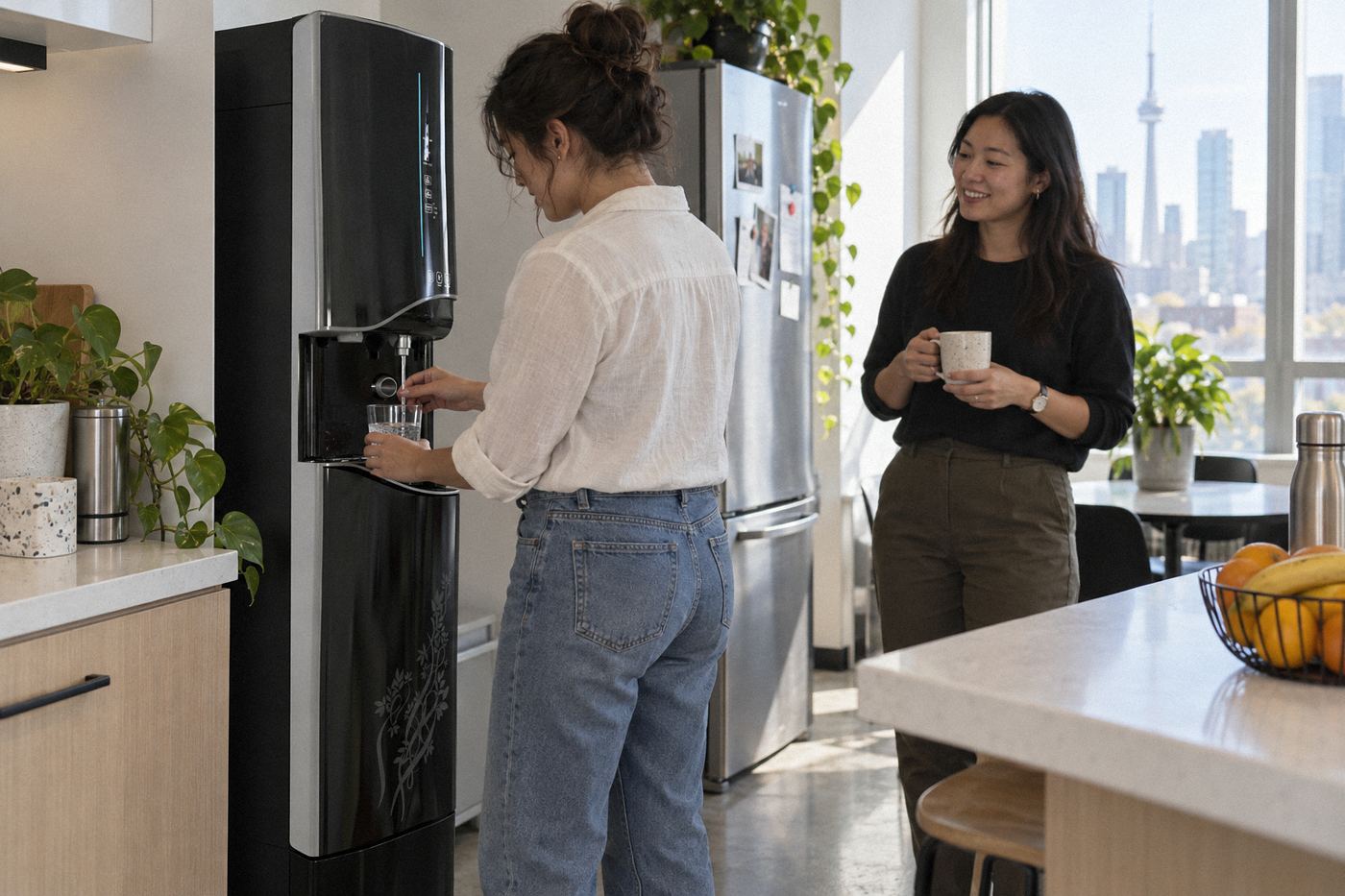 Oaks WL900 bottleless water and ice dispenser in a Toronto office kitchen with an employee filling a glass