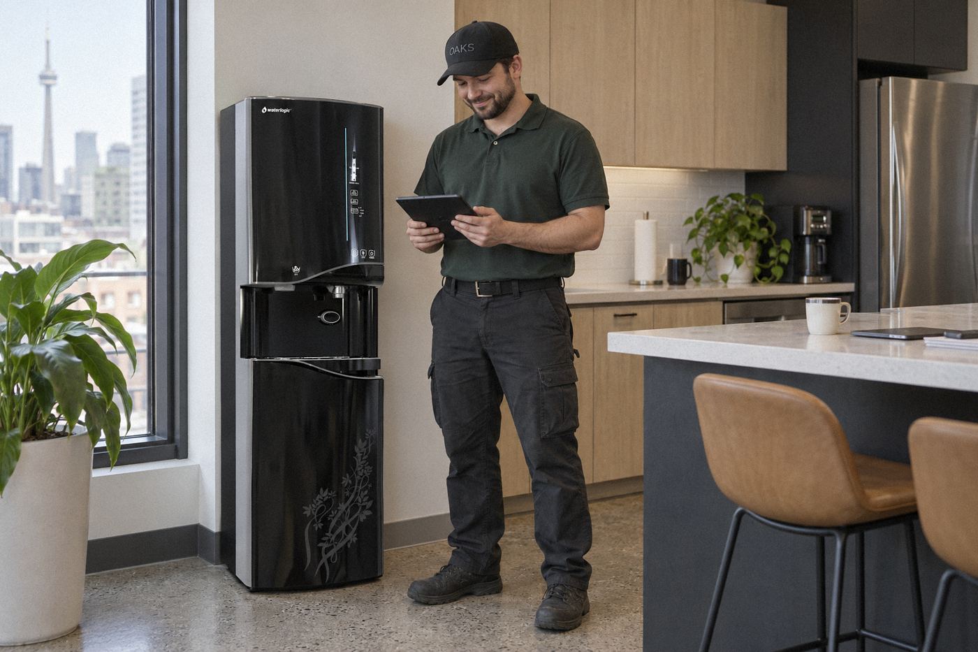 Oaks technician beside a newly installed WL900 bottleless dispenser in an office kitchen